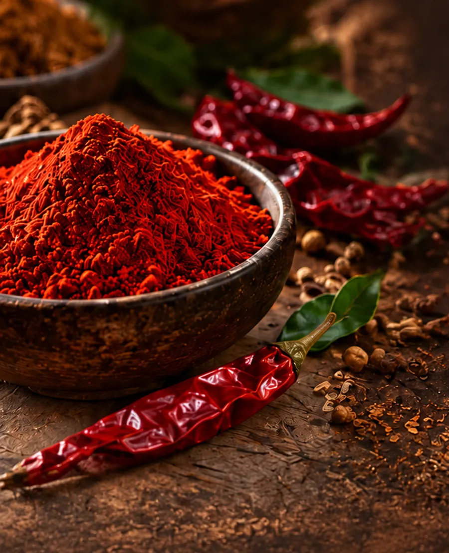 Chilli powder and dried chillies on a rustic table